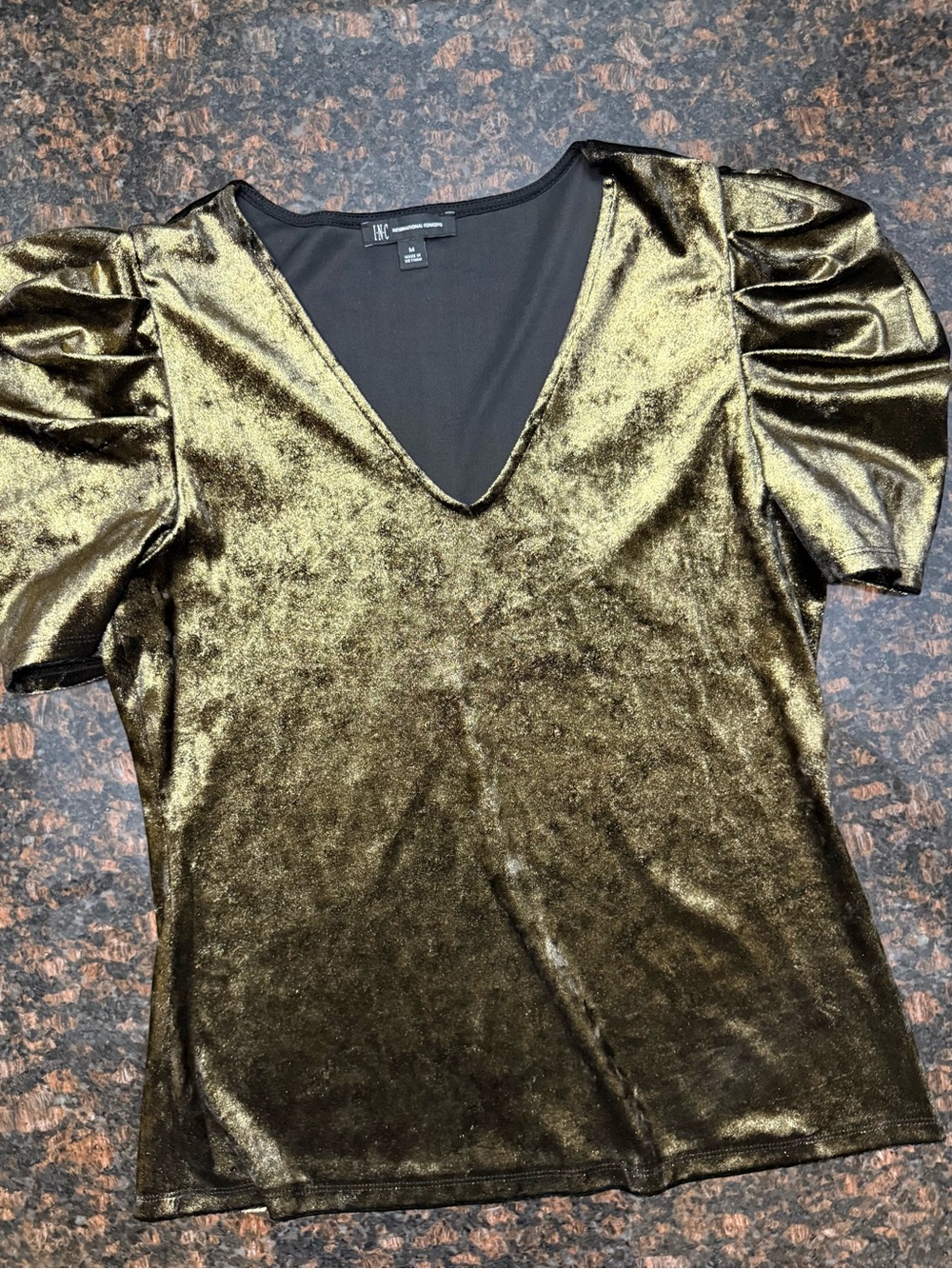 INC International Concepts Metallic Gold Velvet V-Neck Puff Sleeve Top